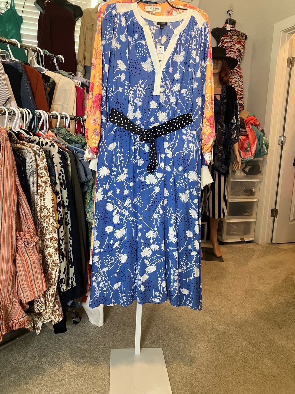 Talbots Blue Floral Midi Dress with Cream Trim